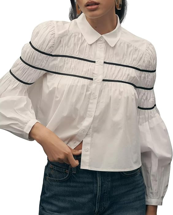 Women Button Front Shirred Blouse Peter Pan Collar Contrast Balloon Long Sleeve Shirt Top | Amazon (US)