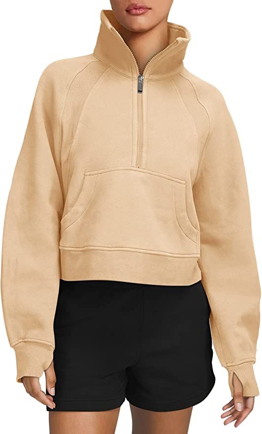 Amazon.com: LASLULU Womens Athletic Cropped Sweatshirt Hoodies Sport Zip Up Stand Collar Sweater ... | Amazon (US)