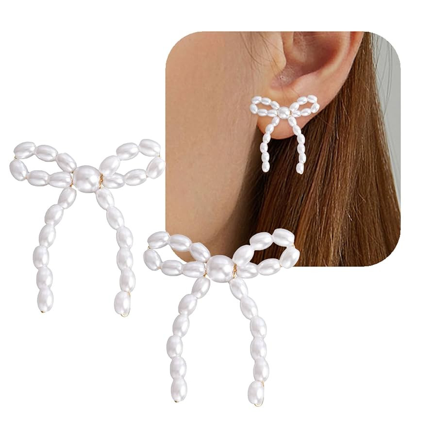 Pearl Bow Earrings for Women, Elegant Pearl Drop Earrings Ribbon Bow Knot Earrings for Girls Bow ... | Amazon (US)
