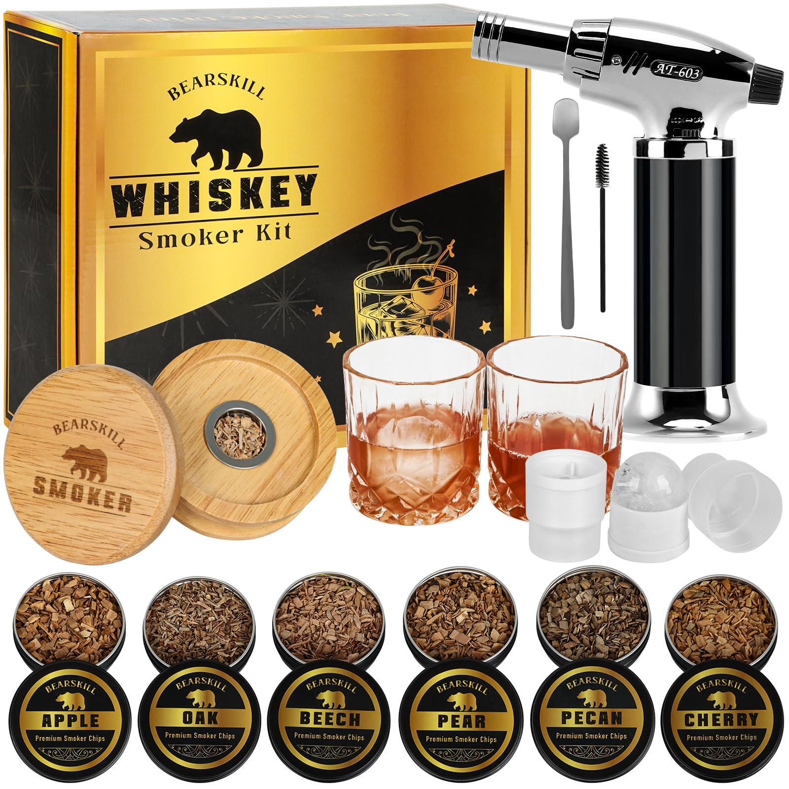Whiskey Smoker Kit with Torch - 6 Natural Wood Chips Flavors, 2 Glasses, 2 Ice Molds - Cocktail S... | Amazon (US)
