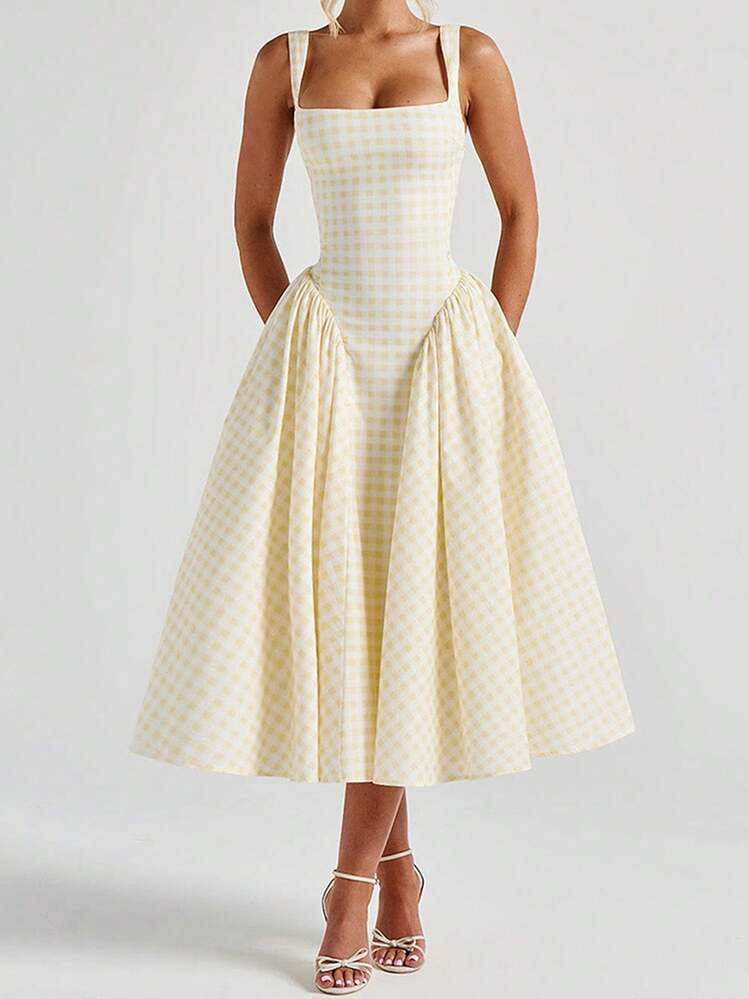 Women Sleeveless Corset Dress Summer Plaid Print Backless A-Line Party Dress For Vacation Cocktai... | SHEIN