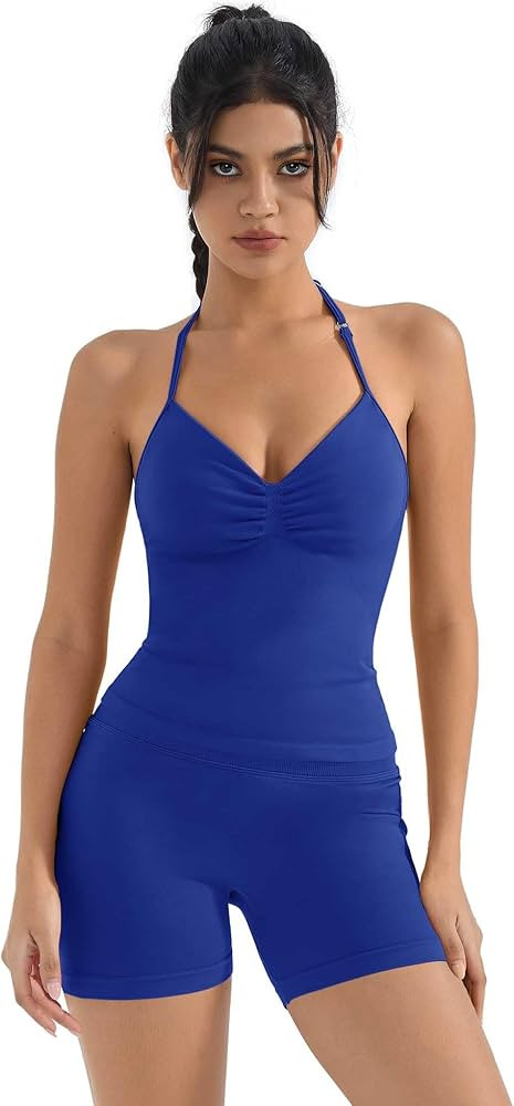 SUUKSESS Women Halter Backless Sports Bra Seamless Padded Ribbed Workout Set Gym Yoga Bra | Amazon (US)