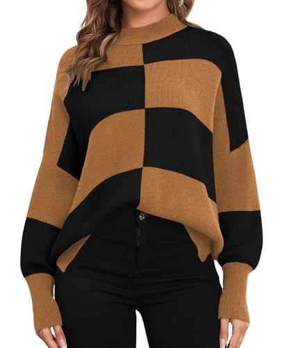 ZAFUL Womens Checkered Sweater 2025 Cute Oversized Pullover Sweaters Color Block Cozy Knit Jumper Tops (Brown Black,S) | Amazon (US)