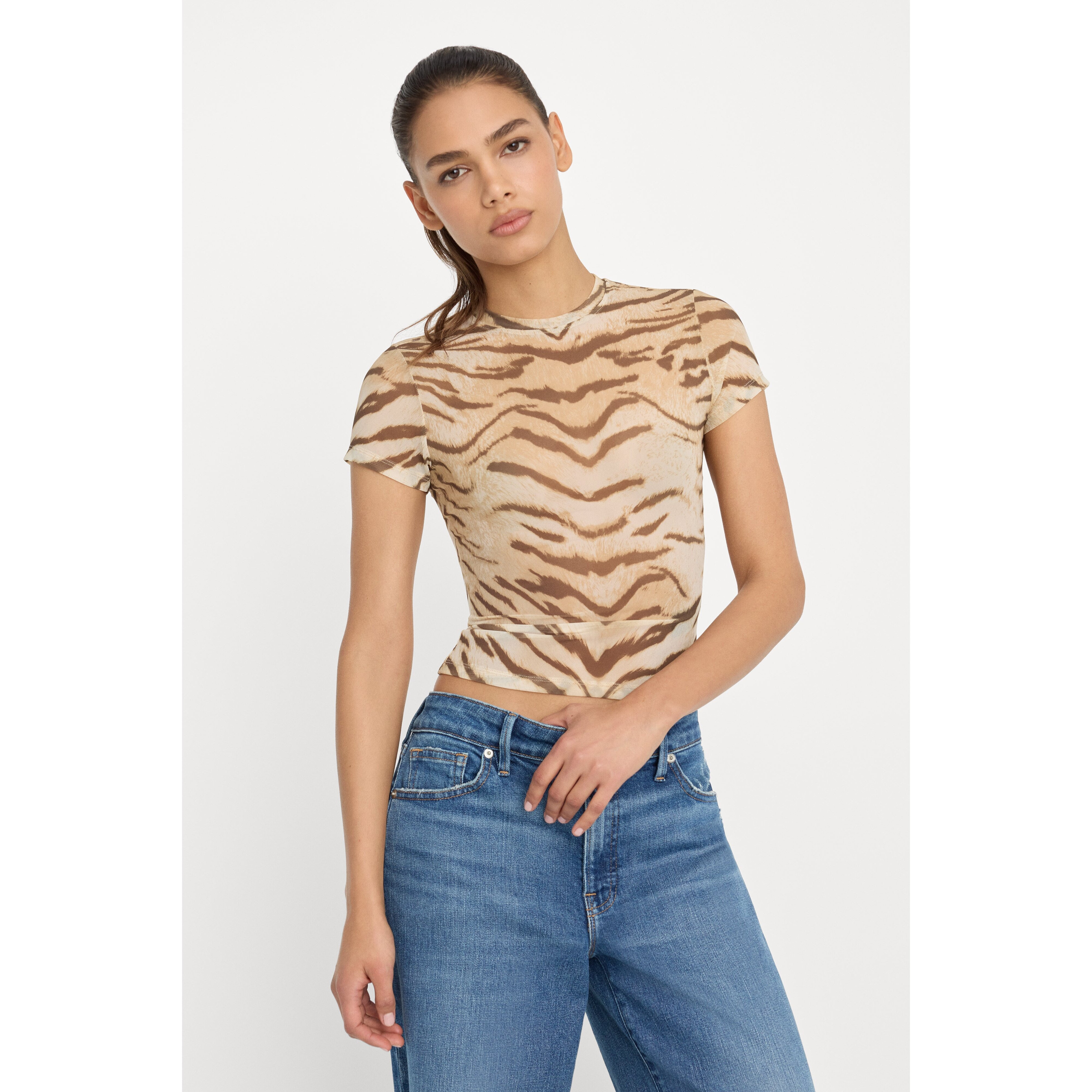 Women's Mesh Baby T-Shirt | Brown Tiger, Size XS | Good American by Khlo� Kardashian | Good American