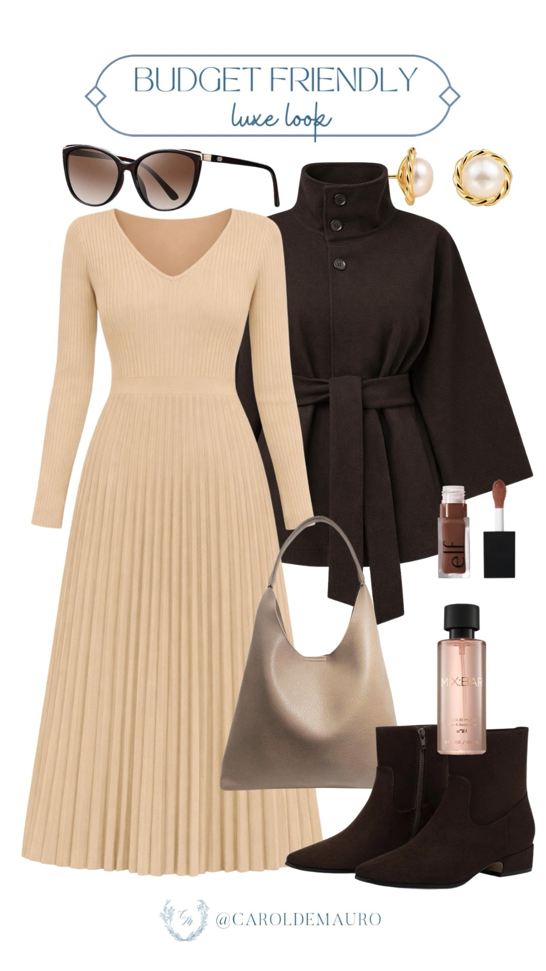 Channel that timeless, quiet luxury energy today for the weekend with this look! Wear a beige long-sleeve pleated dress, brown oversized belted coat, the pearl studs, and a classic cat-eye.

amazon finds, budget friendly, classy outfit, neutral style, preppy look, old money aesthetic, winter wardrobe, style inspo

#LTKSeasonal #LTKU #LTKFindsUnder50