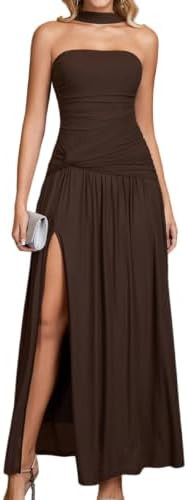 GLNEGE Halter Tube Top Strapless Formal Wedding Guest Cocktail Maxi Dress | Amazon (US)
