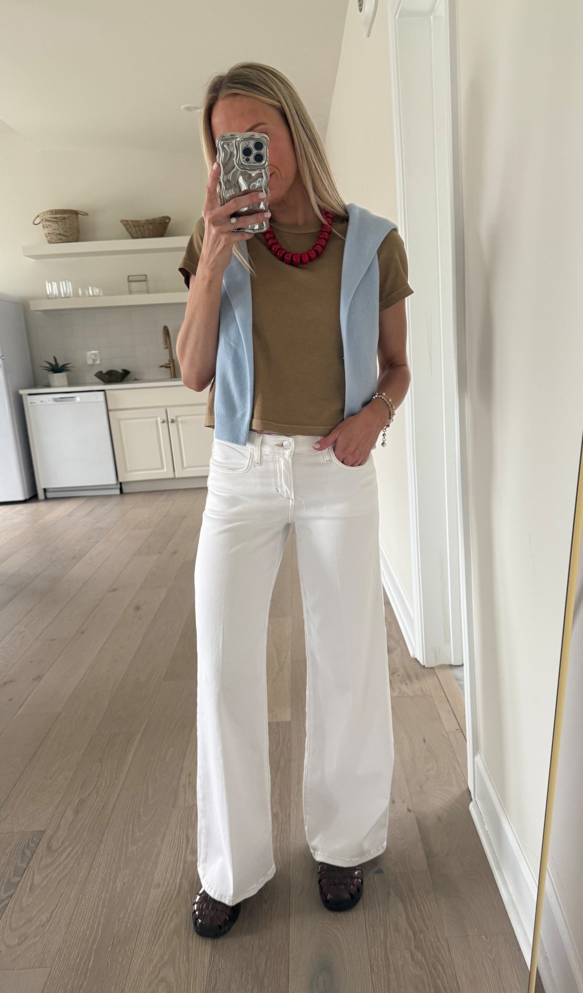 Wide leg white jeans - size 25
Favorite tshirt style - small
Jelly sandals - trust to size 