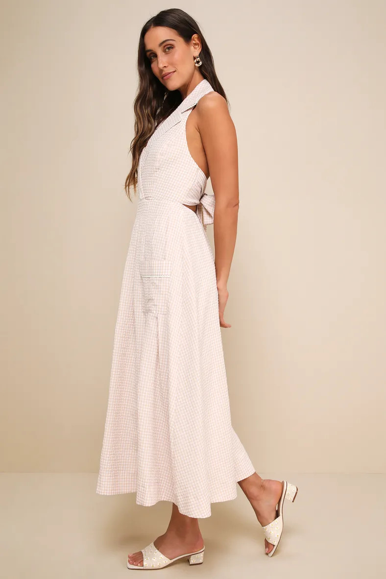 Exceedingly Charming Beige Gingham Tie-Back Halter Midi Dress | Lulus