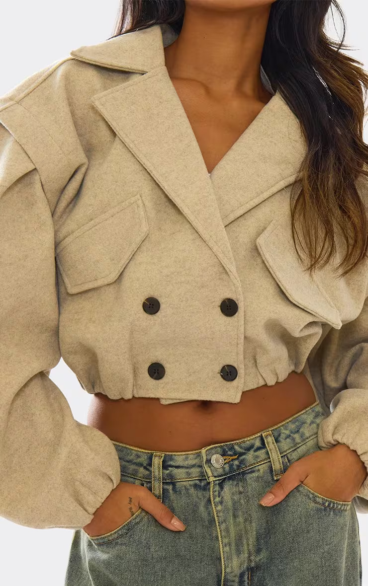 Long Sleeve Cinched Waist Cropped Wool Look Trench Jacket In Beige | EGO Shoes (US & Canada)