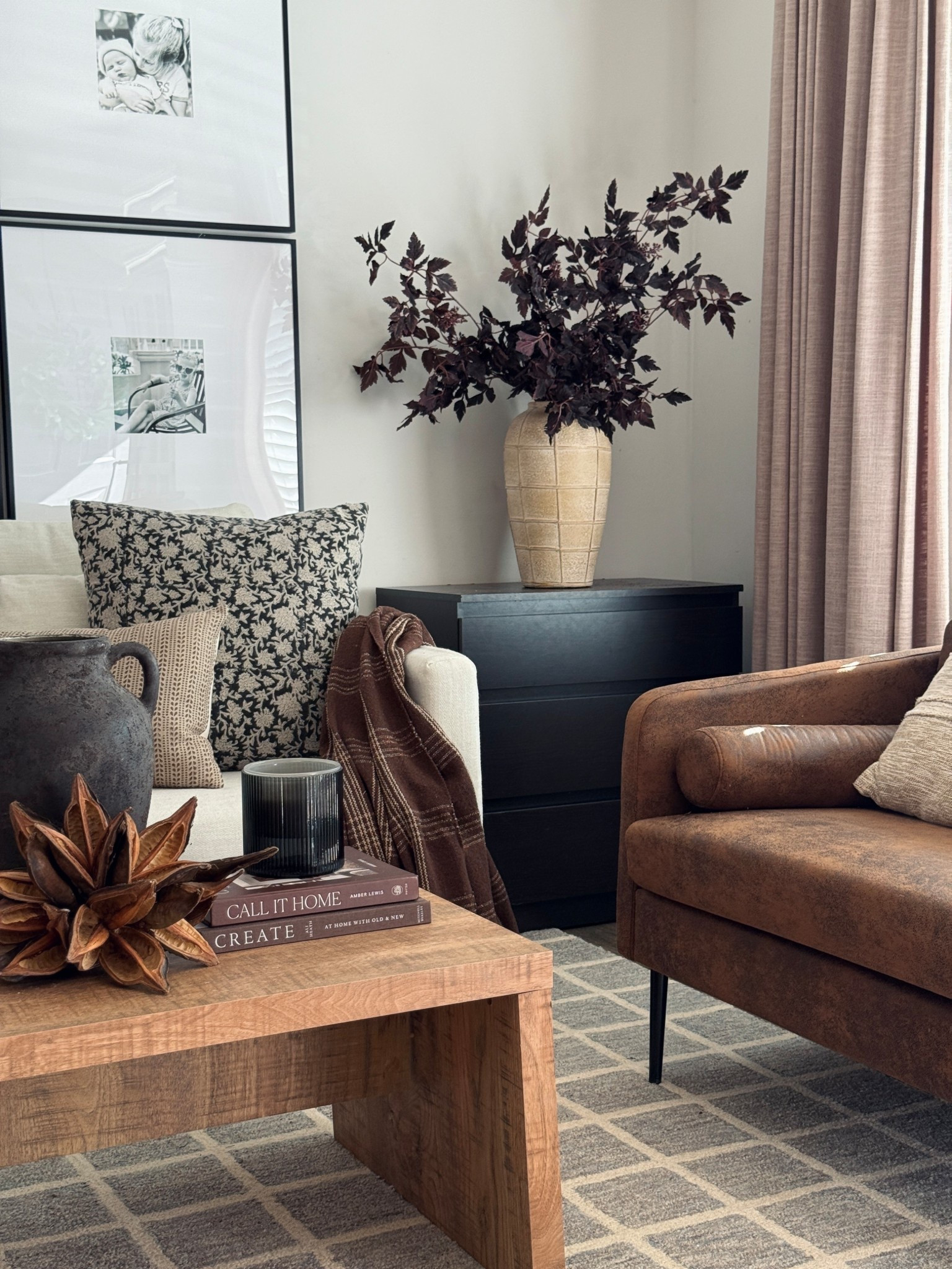 Fall sitting room decor 🤎 
Cimicifuga steam, fall home decor, fall throw pillows, oversized matted frames, faux leather chair, plum floral stems, moody modern fall

#LTKHome #LTKSaleAlert #LTKSeasonal