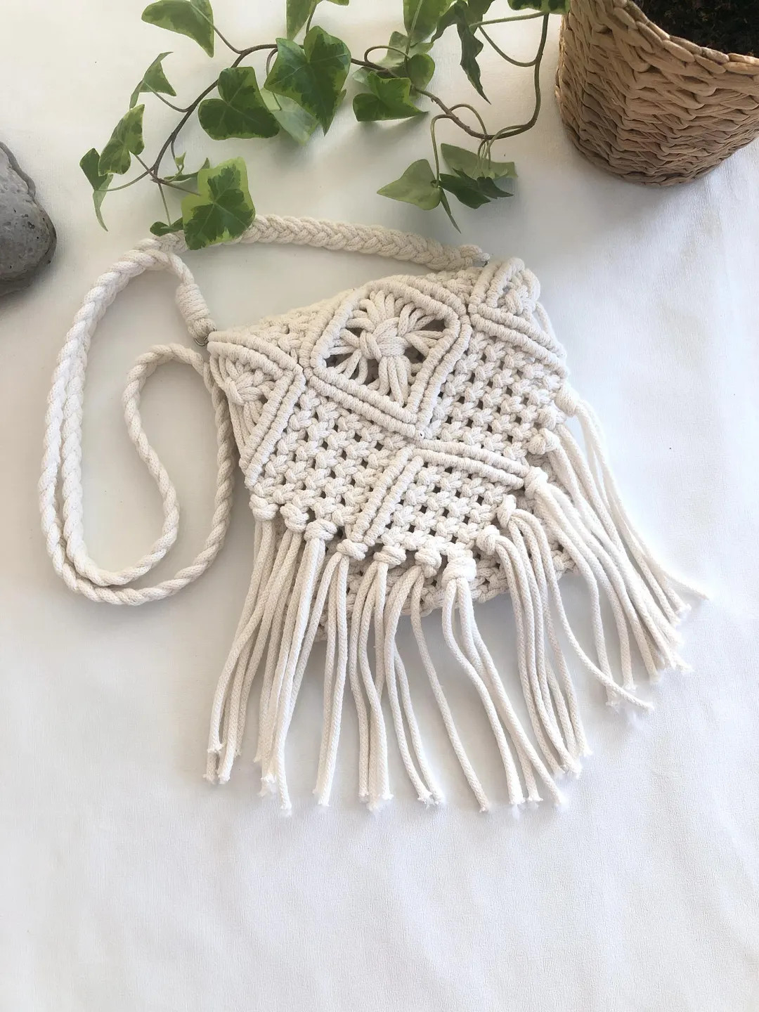 White Macrame Crossbody Bag | Small Boho Fringe Purse | Handmade Cotton Shoulder Bag | Festival M... | Etsy (US)
