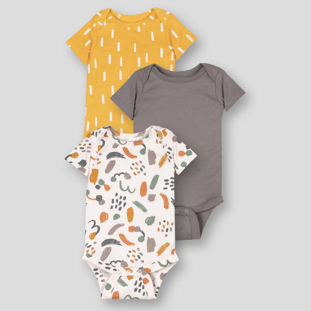 Lamaze Baby 3pk Organic Cotton Artistic Earthtone Short Sleeve Bodysuit - Mustard Yellow/Taupe/Off-W | Target