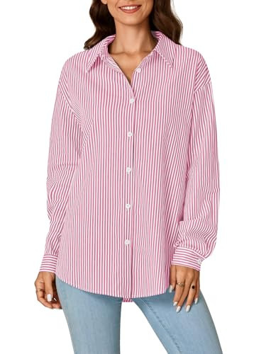LYANER Women's Striped Button Down Shirts Long Sleeve Button Up Collared Office Work Blouses Tops Pink Medium | Amazon (US)