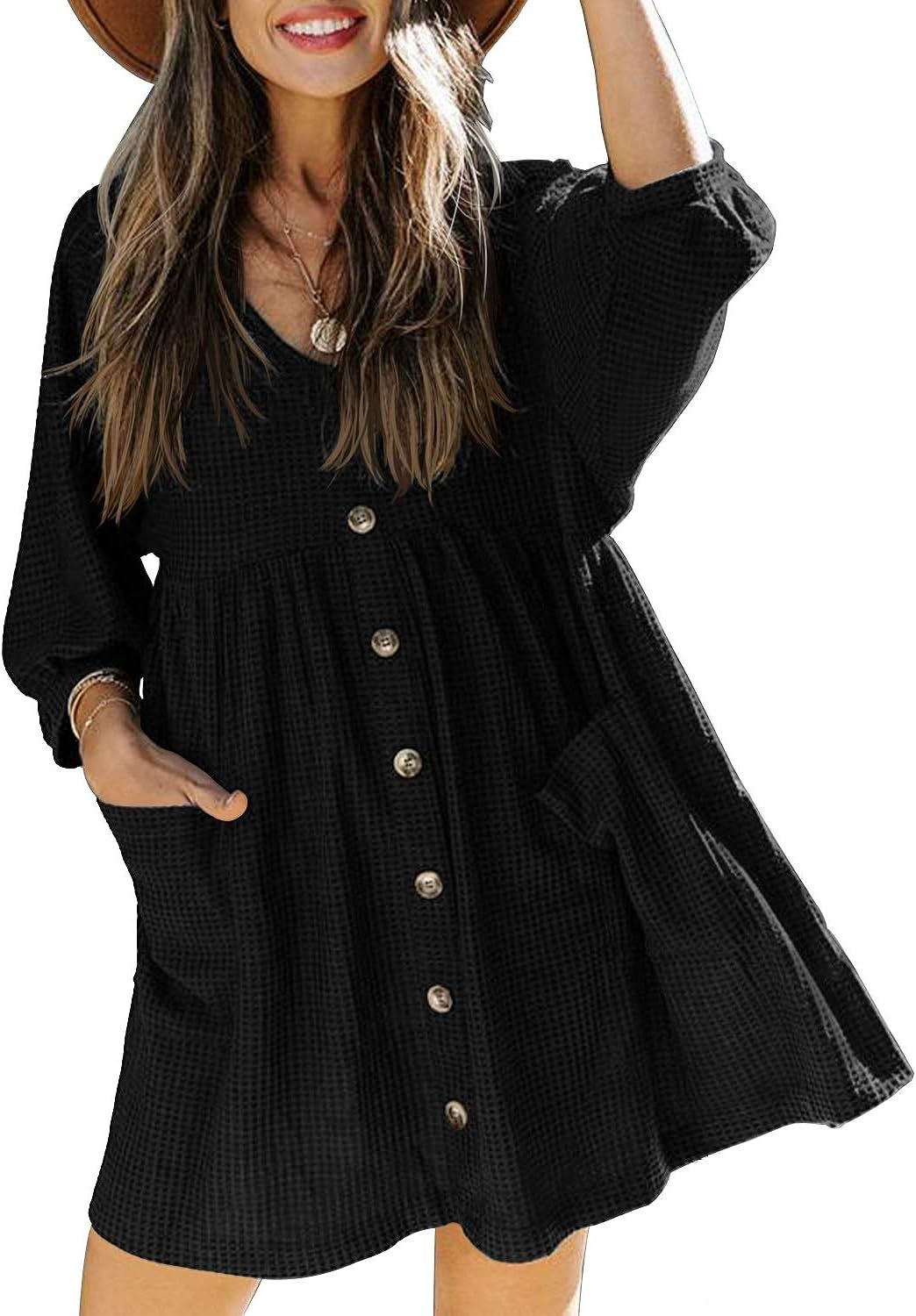 Women's 3/4 Sleeve V Neck Dresses Casual Button Down Babydoll Dress with Pockets | Amazon (US)