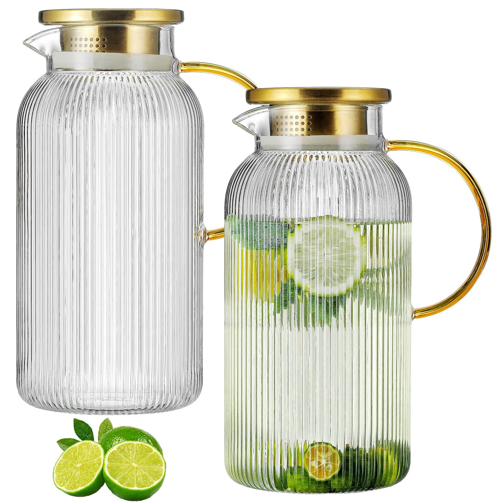 2 PACK Glass Pitcher with Lid, 68 oz/ 2 Liter Classic Vertical Stripes Water Pitcher with Yellow ... | Amazon (US)