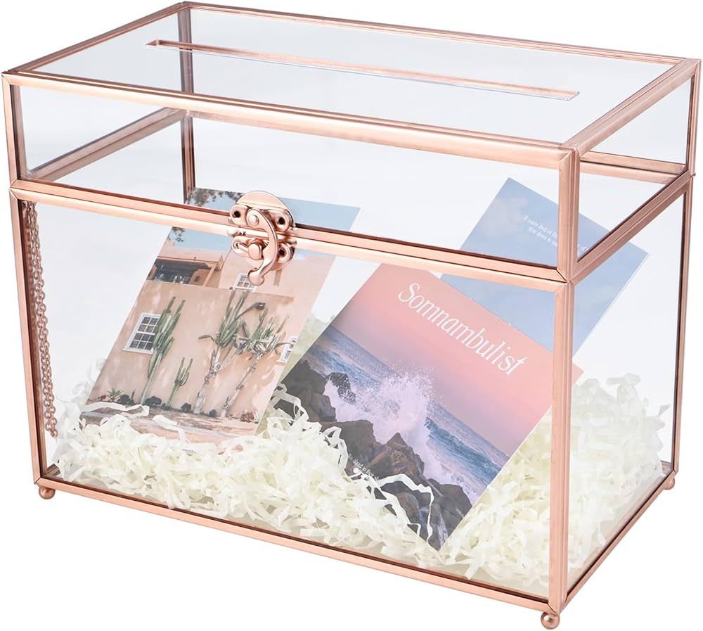 HighFree 10" Handmade Wedding Glass Card Box, Large Rose Gold Terrarium Clear Glass Box (Rose gol... | Amazon (US)