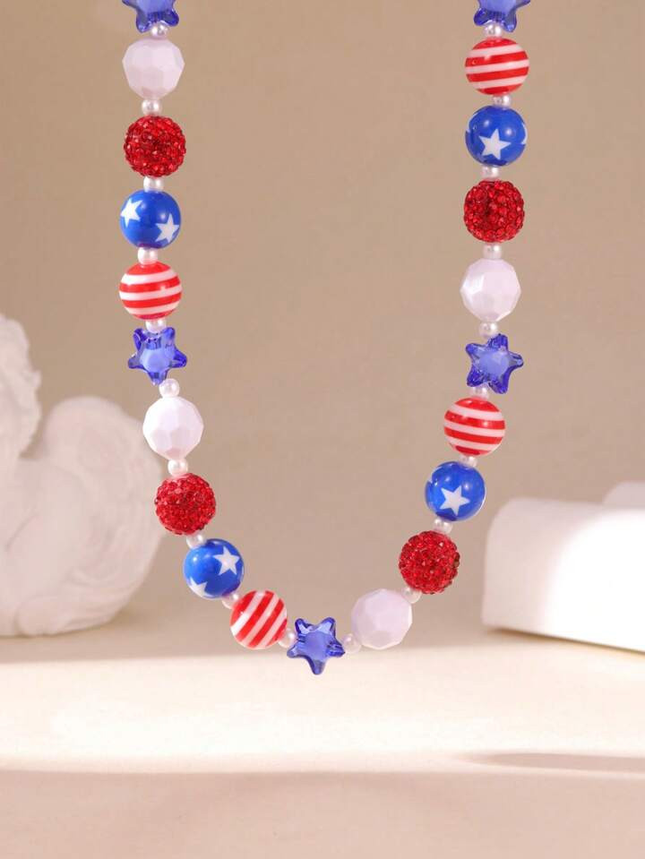 MESTILO 1pc Fashionable Red Blue Beaded Crystal Pentagram Necklace, Suitable For Women, Daily Wear And Holiday Gifts, Independence Day | SHEIN