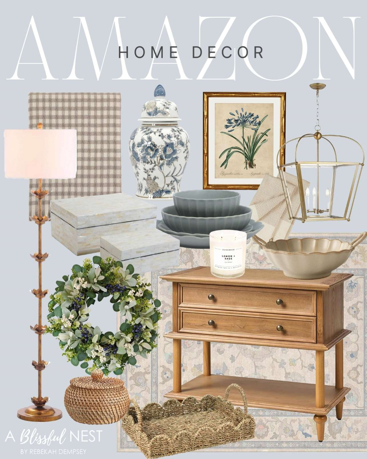 Amazon decor finds that make your home feel styled and elevated. Shop the look.

woven cream area rug, farmhouse nightstands, boho design hand towels, Charleston pendant light, green spring summer wreath, seagrass scalloped edge tray, scented candle, pearl decorative boxes, vintage scalloped ceramic bowl, framed canvas wall art, rattan basket boxes, scallop stoneware, antique gold floor lamp, boho knitted throw blanket, white floral ginger jar 

 #LTKHome