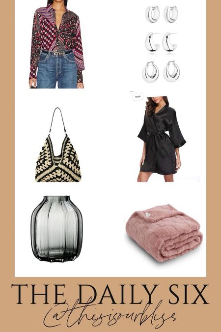 The daily six! Today’s daily finds! 🖤

Mixed media blouse, three pair, chunky silver earring hoop set, $22 beach bag, $12 black satin robe! Prettiest vase under $25 and cozy checkered throw blanket only $12 

Amazon honey, Amazon fashion, date night blouse, look fur less, silver earring trend 

#LTKstyletip #LTKfindsunder50 #LTKsalealert