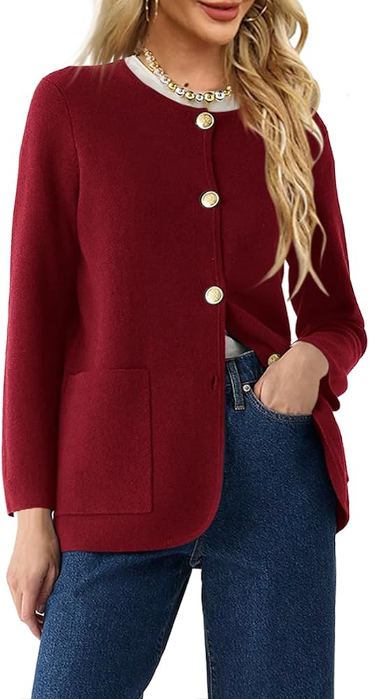 Langwyqu Womens Crew Neck Button Down Cardigan Sweaters Blazer Casual Long Sleeve Knit Solid Swea... | Amazon (US)