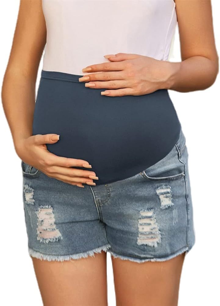 Maacie Maternity Denim Shorts 3'' Scratched Raw High Waist Ripped Jean Shorts with Pocket | Amazon (US)
