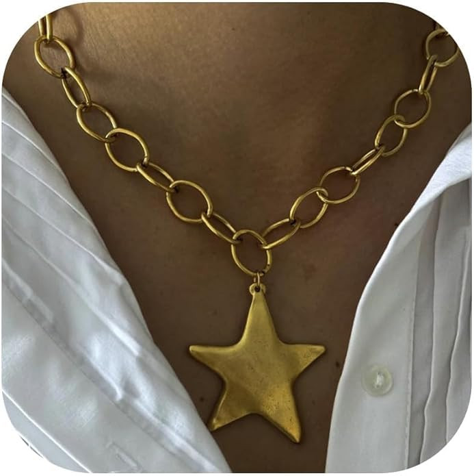 Star Necklace Chunky Gold Statement Necklaces Punk Star Pendant Gold Chain Necklaces for Women Tr... | Amazon (US)