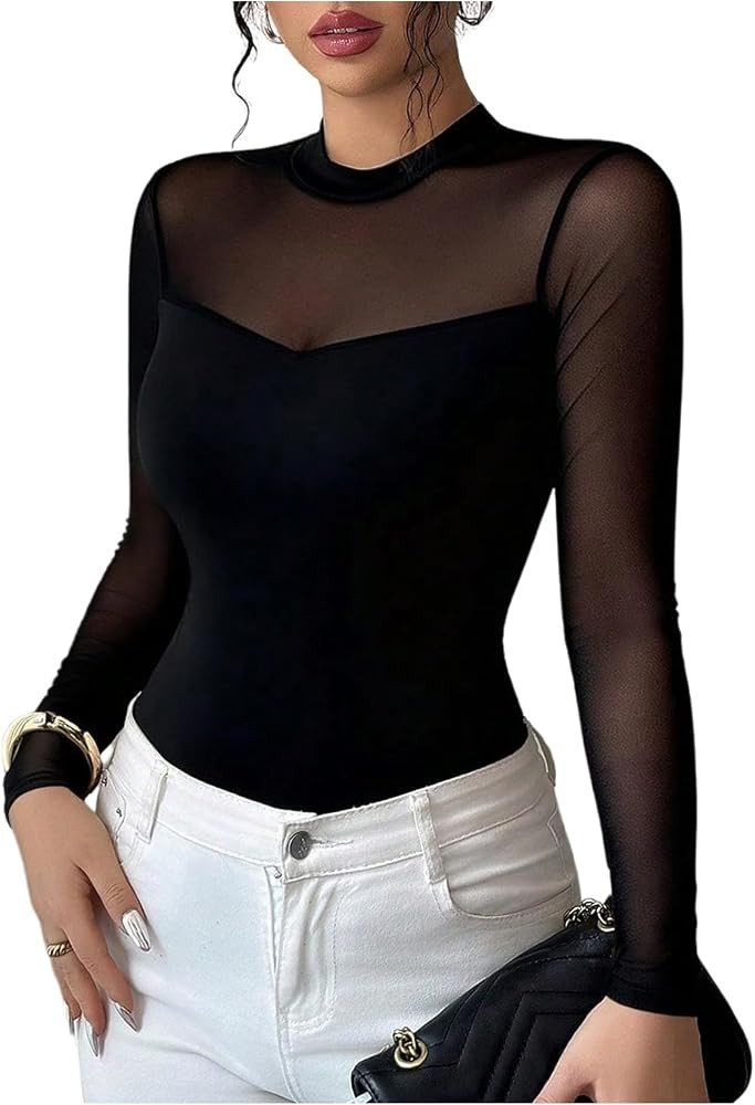 Milumia Women's Mesh Sheer Long Sleeve Top Mock Neck See Through Going Out Tee Shirts | Amazon (US)
