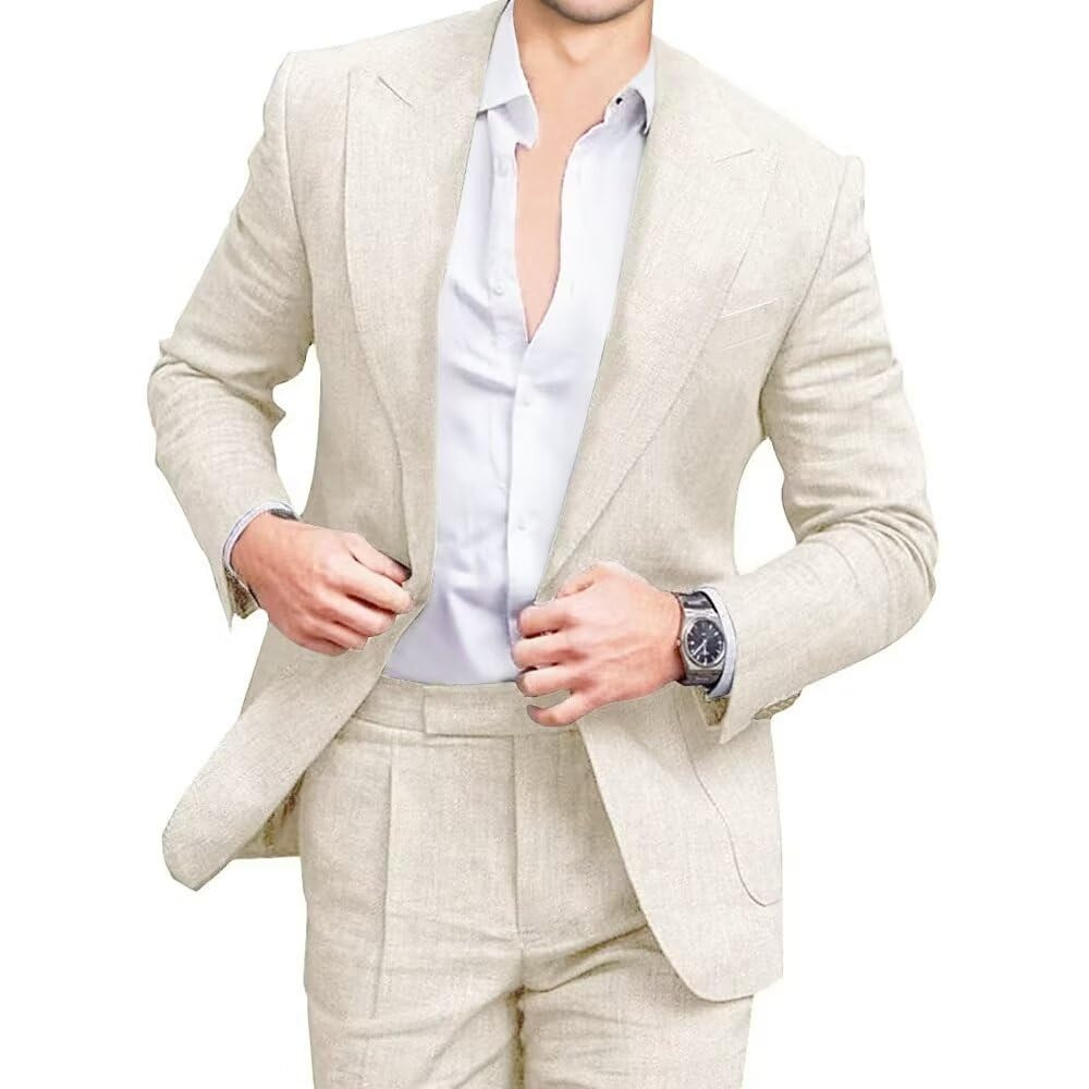 Mens Linen Suits 2 Piece Beach Wedding Blazer Summer Grooms Classic Lightweight Breathable Jacket... | Amazon (US)