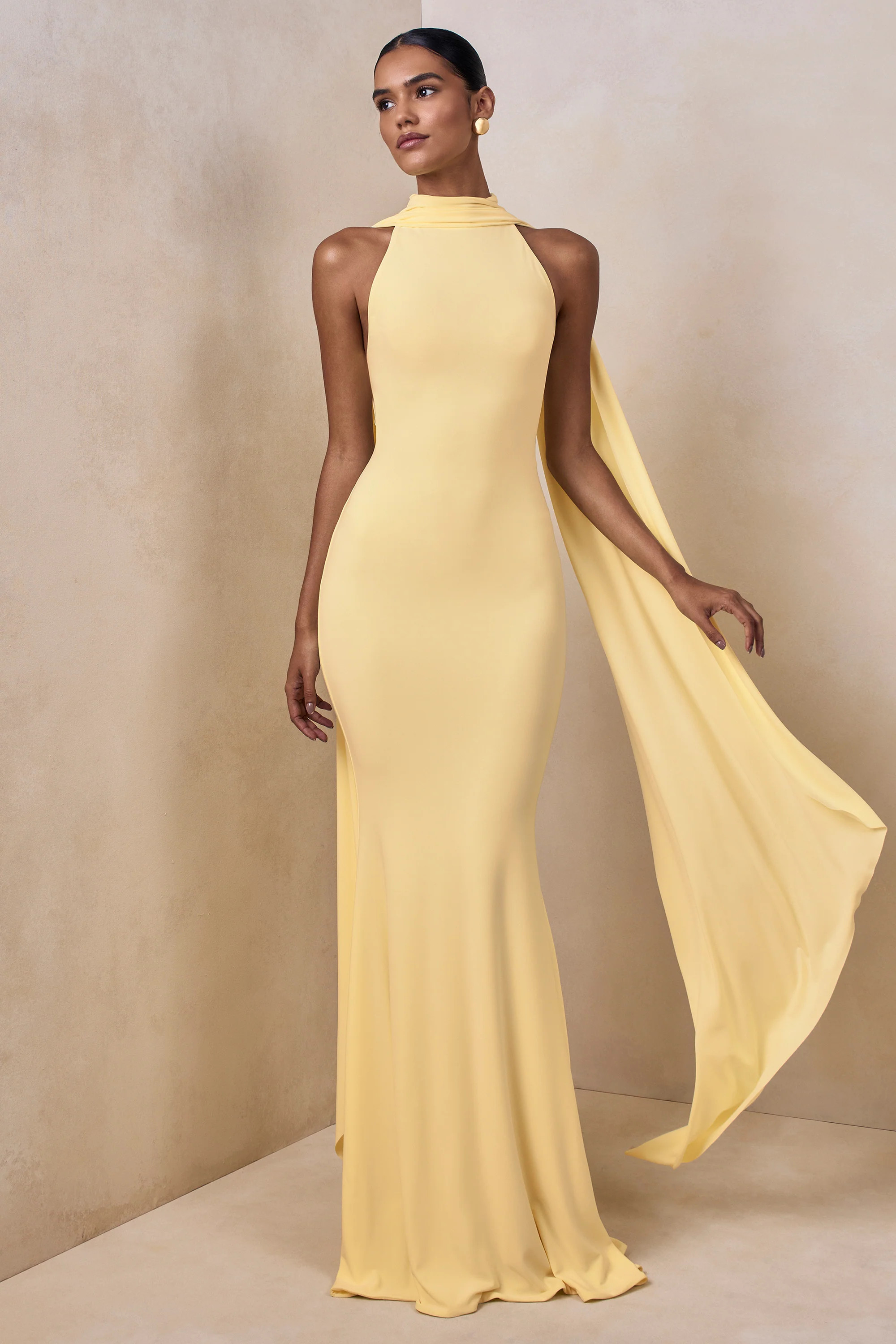 Cordy | Lemon High-Neck Maxi Dress With Cape | Club L London