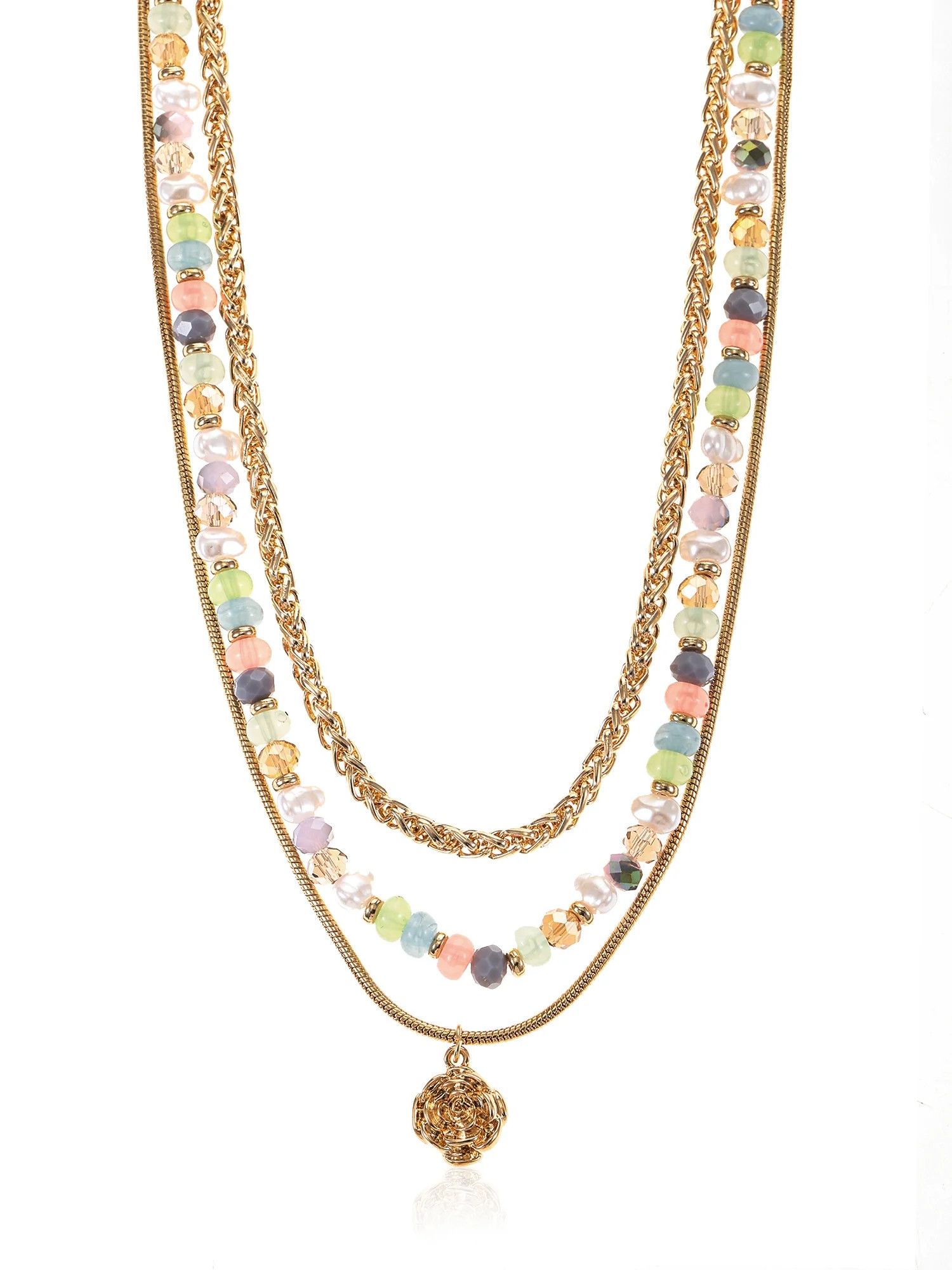 Time and Tru Triple Layer Goldtone and Beaded Necklace, 1 Piece | Walmart (US)