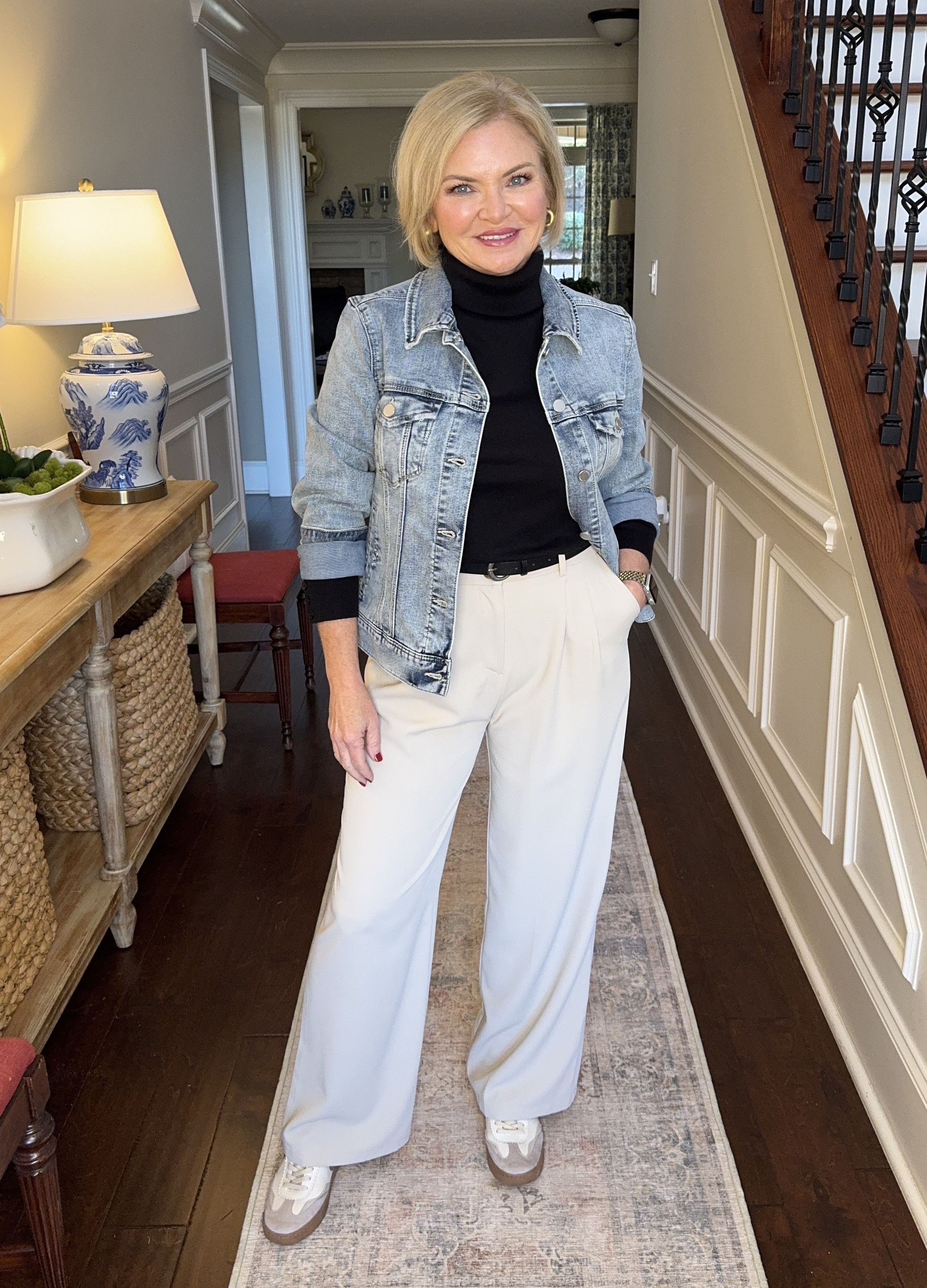 Black turtleneck outfit with wide leg trousers and denim jacket!  I'm wearing Small in the pants & jacket, medium petite in the turtleneck.

winter outfit
travel outfit
airport outfit
wardrobe basics
Liverpool

#stylewithserena
#fashionover50
#airportoutfit
#traveloutfit 

 #LTKOver40 #LTKStyleTip #LTKShoeCrush
