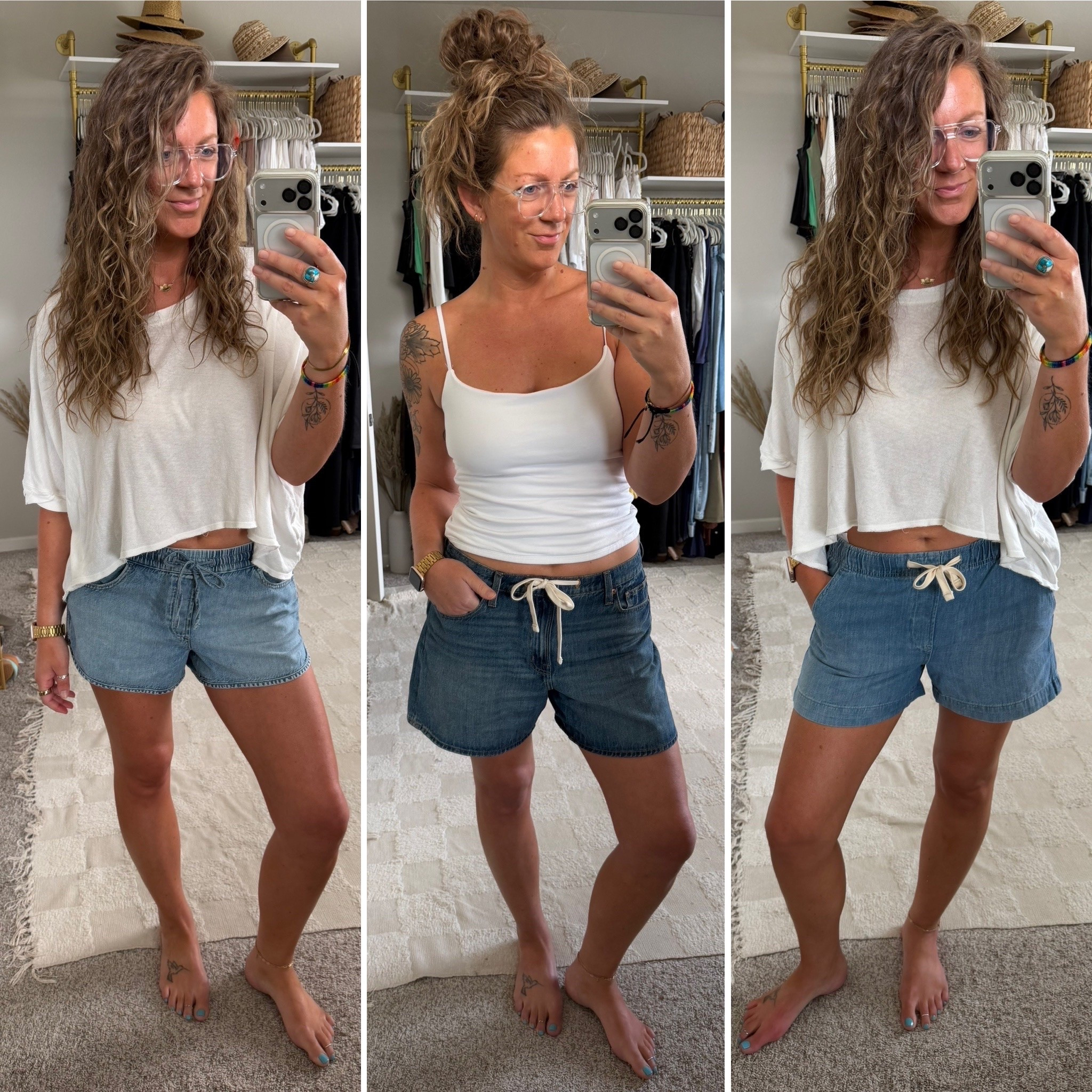 Soft denim shorts - medium (left) 12/31 (center) medium (right) large tee and tank

#LTKTall #LTKOver40