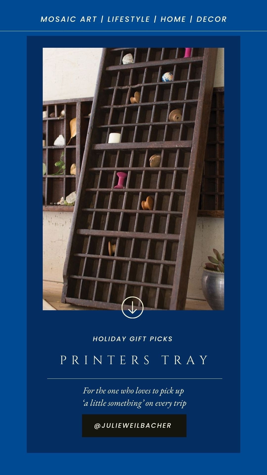 A printers tray is such a fun wall decor piece because it allows us to preserve a little history too! Use it for your small sentimental keepsakes such as gifts, souvenirs, or childhood mementos.

What you put in each of the compartments will be a total conversation starter for whomever checks it out! 

As a mosaic artist this would make a fun way to store your smaller materials or a sample of your most favorite. Or if you make small mosaics, this would be a really interesting display for your artwork. For mosaic tips, tutorials + inspiration please visit my YouTube channel: YouTube.com/julieweilbacher. Follow @julieweilbacher on Instagram for all things mosaic art.

#printerstray #printerswalldisplay #wallart #compartmentwallart #compartmentwallhanging #mosaic #woodprinterstray #potterybarn #earthydecor #naturaldecor #shadowbox #curiositycabinet

#LTKHome #LTKGiftGuide #LTKFindsUnder100