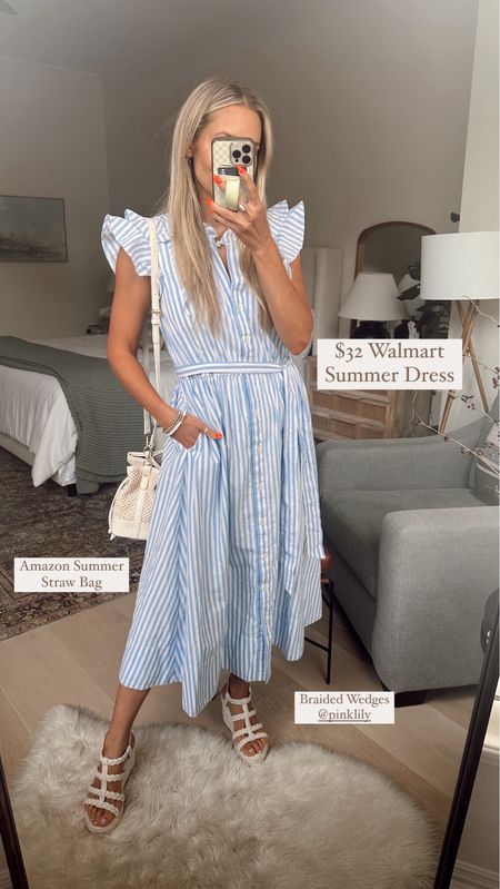 Walmart Summer Stripe Dress 
Perfect dress for church, summer wedding, bridal shower, brunch, vacation look 
🤍SIZE: S / Runs true to size, no need to size up 

5’5” • 125lbs • Size: 4/small 