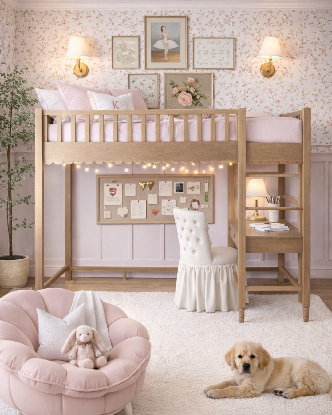 Obsessed with this cozy + functional girls bedroom moment 🤍 This loft bed design is the perfect mix of beauty and practicality—creating a built-in study space underneath while still feeling soft, feminine, and timeless.

I love how the light wood loft bed warms up the space and pairs so beautifully with the delicate floral wallpaper. The gallery wall adds that collected, vintage-inspired charm, while the brass sconces and soft lighting bring in the prettiest glow for a cozy nighttime feel.

Underneath, we created the sweetest little homework + creativity zone with a built-in desk, linen pinboard, and soft skirted chair—perfect for studying, drawing, or quiet time. The string lights add such a magical touch and make it feel extra special.

Layered with a plush neutral rug, blush lounge chair, and soft bedding, this room feels calm, inviting, and designed to grow with her over time.

Perfect for a girls bedroom, small bedroom layout, shared kids room, or anyone looking to maximize space without sacrificing style 🤍

Shop all of my sources for this space below ✨

#ltkhome #ltkstyle #girlsroom #kidsroomdecor #loftbed #smallbedroomideas #tweenroom #modernclassic #traditionalhome #grandmillennial #floralwallpaper #cozyhome #interiordesign #bedroominspo #femininehome #layeredhome #neutralhome #pinkdecor #builtinstyle #studyspace

#LTKBaby #LTKHome #LTKKids