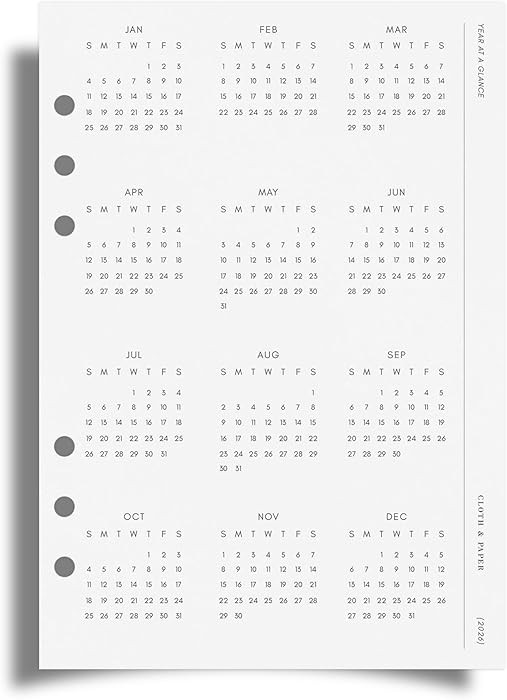 Cloth & Paper 2026 Year At A Glance Planner Single Page Dashboard | A5 Size 6 Hole Punch, 5.8 x 8... | Amazon (US)
