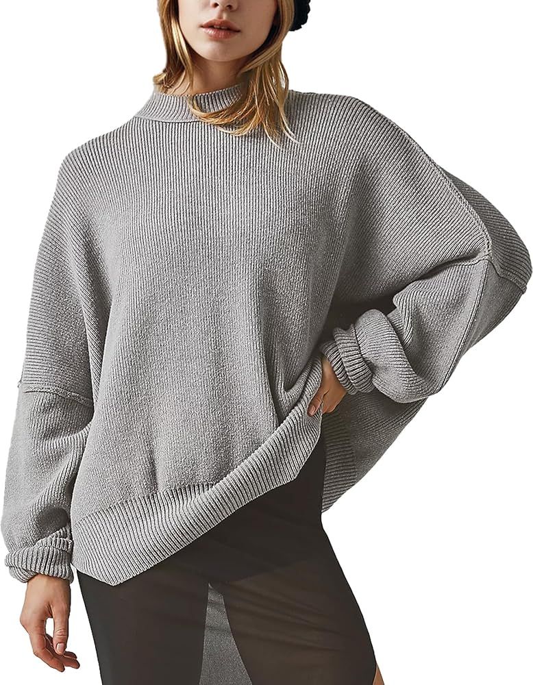 Yioaga Ribbed Sweaters for Women Crewneck Easy Oversized Sweater Batwing Sleeve Street Tunic Side... | Amazon (US)