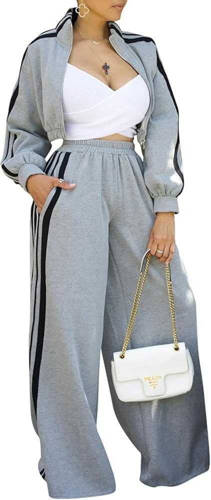 Akmipoem Sweatsuits Women 2 Piece Outfit Striped Tracksuit Long Sleeve Zipper Crop Jacket Wide Le... | Amazon (US)