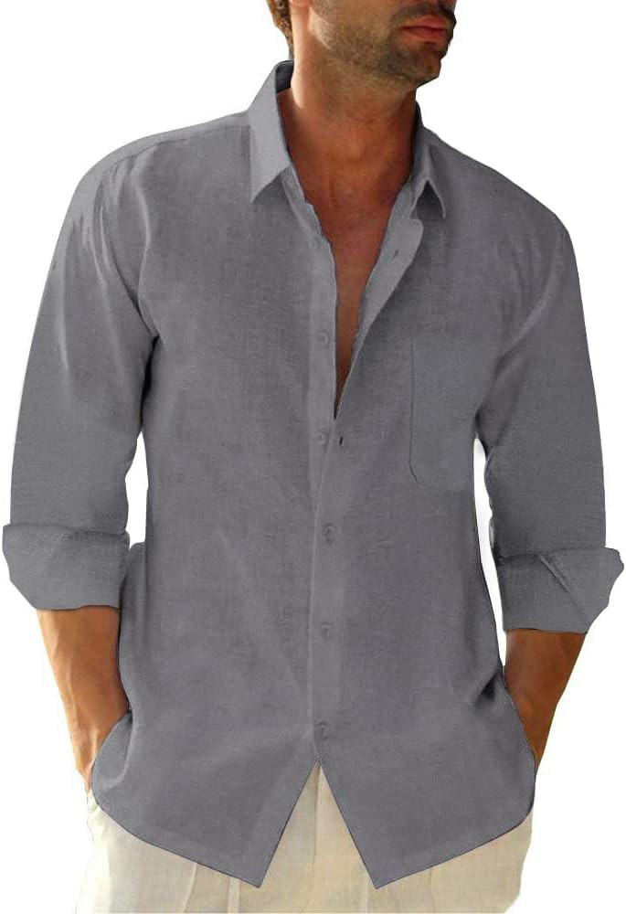 Button Down Linen Shirts for Men Casual Long Sleeve Regular Fit Cotton Beach Shirts with Pocket | Amazon (US)