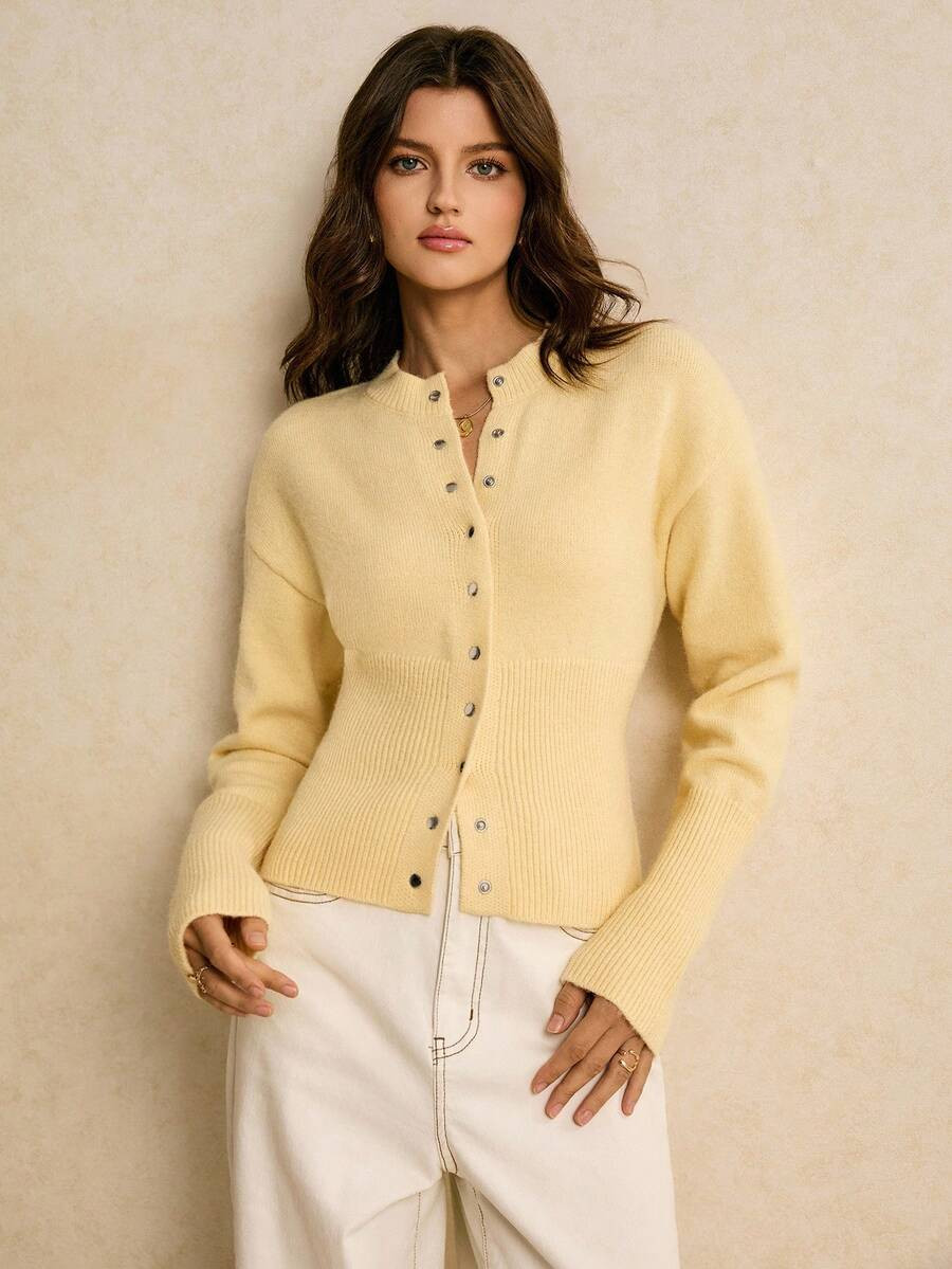 Poéselle Gray Short Slim Front Button Solid Color Long Sleeve Simple Casual Knit Cardigan,Gray S... | SHEIN
