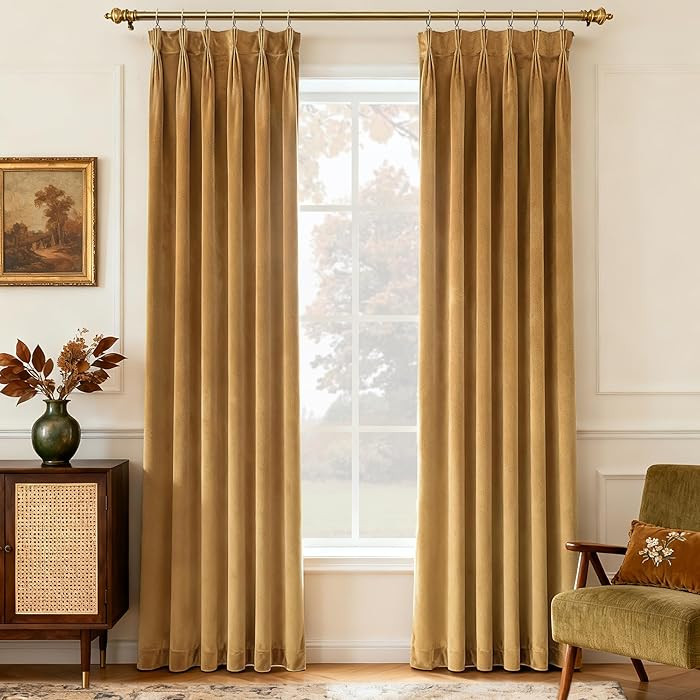 Gold Brown Pleated Velvet Curtains 96 inches Long 2 Panels Set Thermal Insulated Triple Pinch Ple... | Amazon (US)
