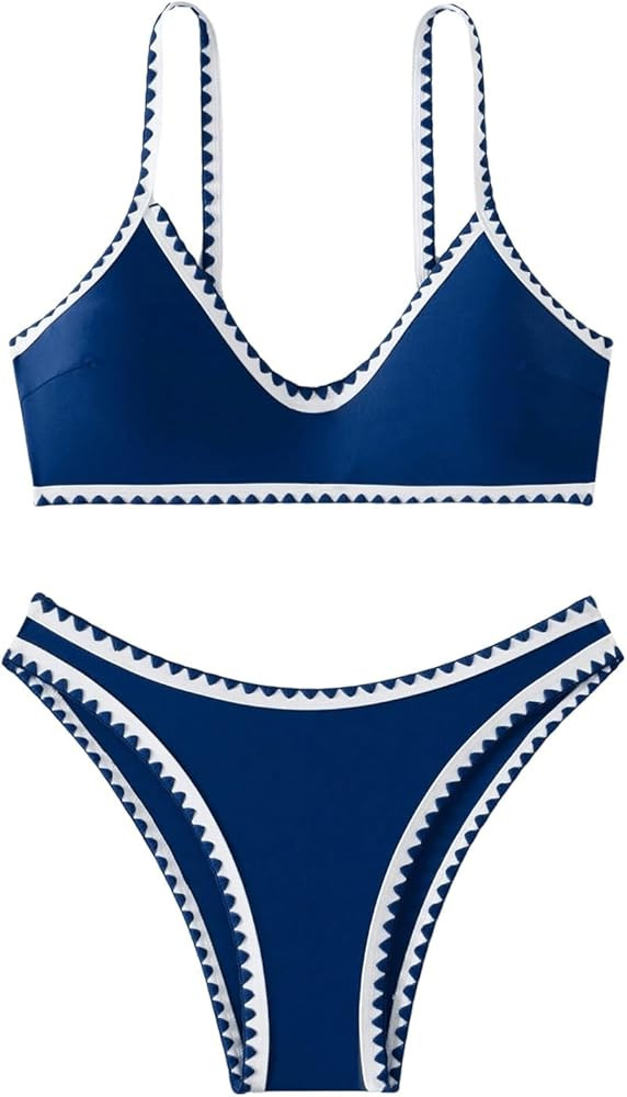 SHENHE Women's 2 Piece Swimsuit Tie Back Padded Contrast Trim Bikini Set Bathing Suit | Amazon (US)