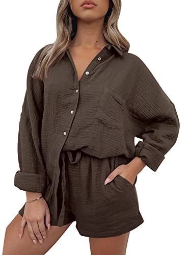 AUTOMET 2 Piece Outfits For Women Lounge Sets Pajama Sets Long Sleeve Button Down Oversized Shirt... | Amazon (US)