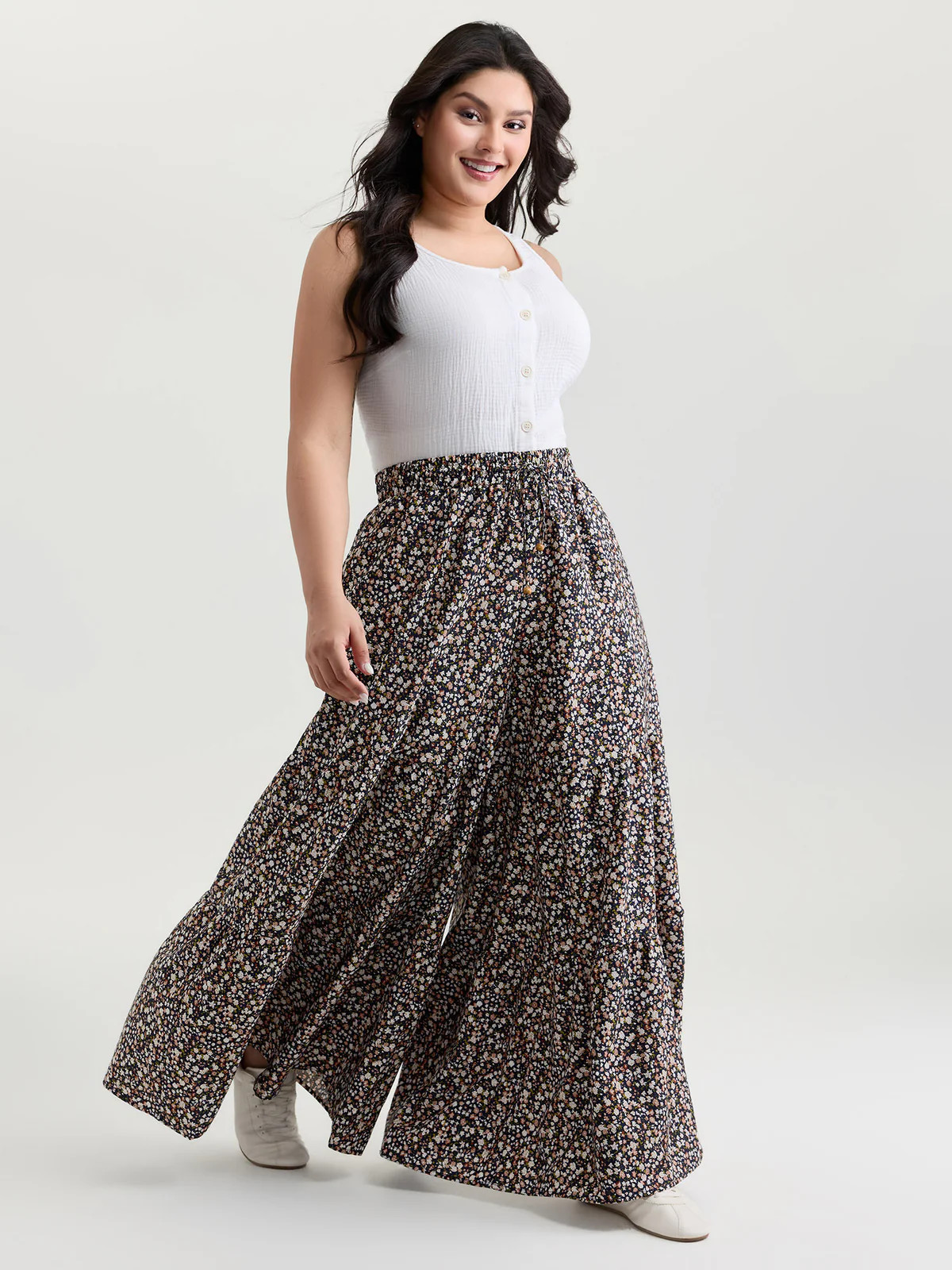 Micro Floral Print Wide Waistband Pants | Bloomchic