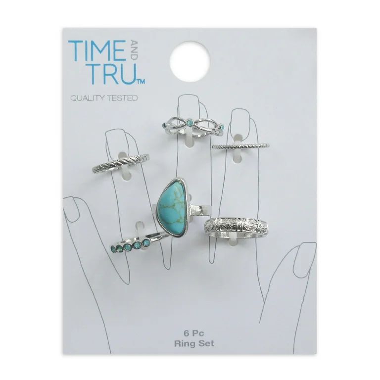 Time and Tru Women's Turquoise Sky 6Pc Large Stone And Bands Ring Set | Walmart (US)