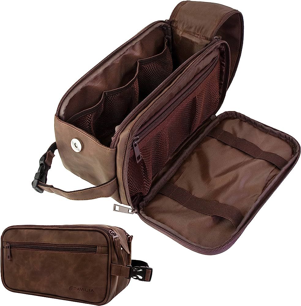 PAVILIA Toiletry Bag for Men, Travel Toiletries Bag | Water-resistant Dopp Kit, PU Leather Shavin... | Amazon (US)