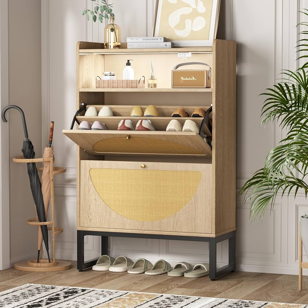 Gabinete de almacenamiento de zapatos de ratán, armario estrecho para zapatos con 2 cajones abat... | Amazon (US)