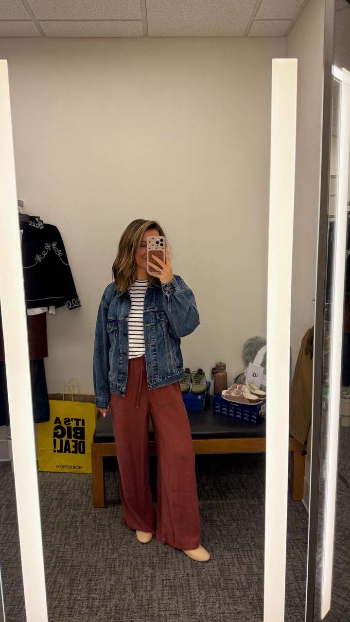 Transitional outfit from summer to fall. Teacher and workwear outfit. Back to school. Madewell striped tee, Levis denim jacket, baggy linen Treasure & Bond drawstring pants and Dolce Vita Raffia mary jane ballet flats. 

 #LTKOver40 #LTKFindsUnder50 #LTKWorkwear