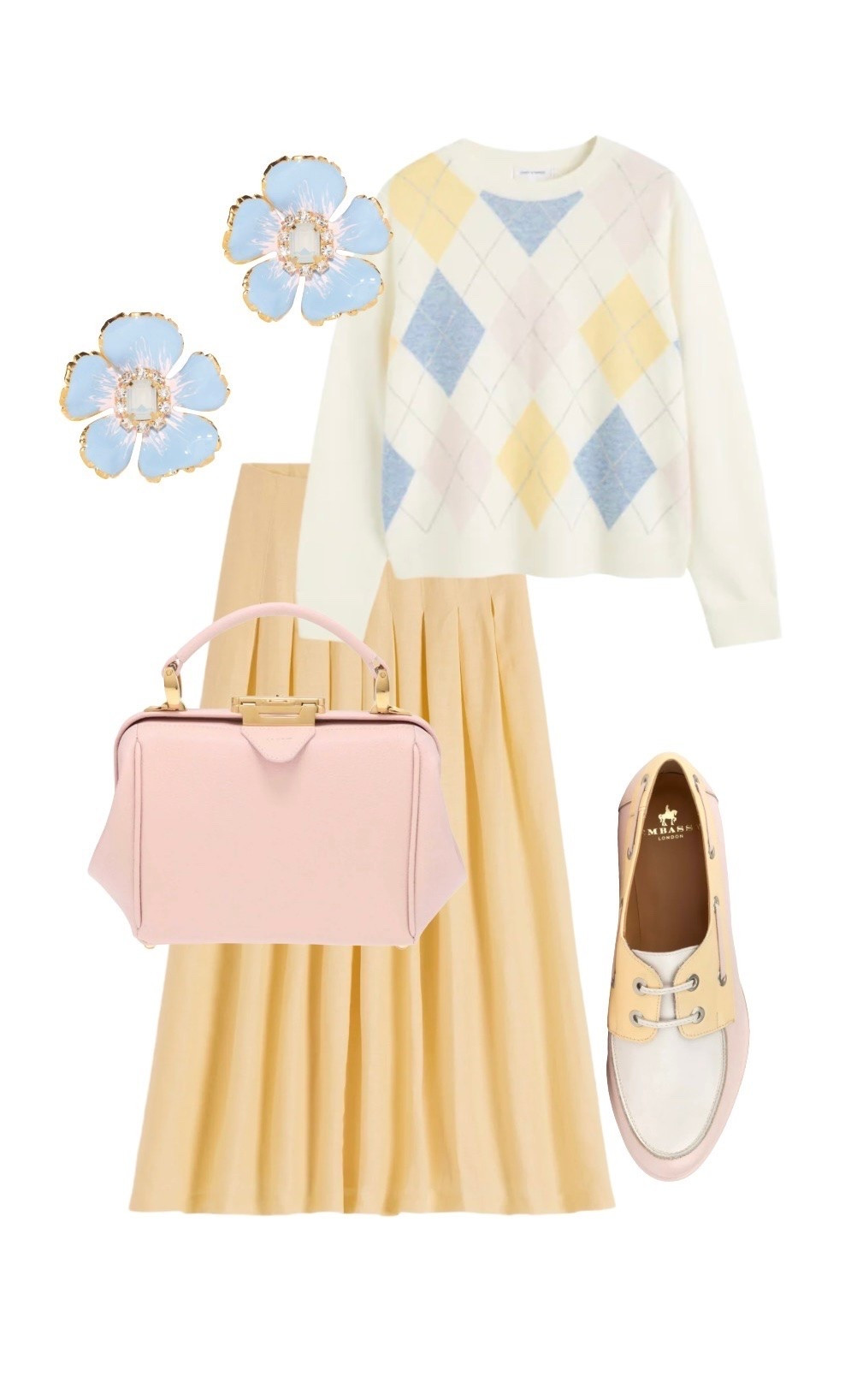 The cutest pastel weekend outfit with some irresistible SALE pieces! 

Perfect for those chillier late summer days just around the corner, the on-trend Argyle Cloud Cashmere Sweater is so soft on the skin that you’ll long to get cosy!

Featuring quality styles made by mostly British brands, this outfit will also be a great look for spring & Easter next year 🌼

Argyle Cloud Cashmere Sweater / Jumper in Ivory, Blue & Yellow - ON SALE at Chinti & Parker (see other styles on product list)

Valentina Butter Yellow Full Skirt - ON SALE at Boden

Mini Sophie Vintage-Inspired (larger size available) Bag in Strawberry Ice Cream Textured Leather - ON SALE at Cambridge Satchel Company

‘Boatie’ flat deck shoes in Yellow, Cream & Pink - ON SALE at Embassy London (sale ends soon!)

Small Hand-painted Flower Earrings in Light Blue - The Pink Reef at Wolf & Badger 

#LTKuk #LTKeurope #LTKshoes .

#LTKsale #LTKbag #LTKstyletip