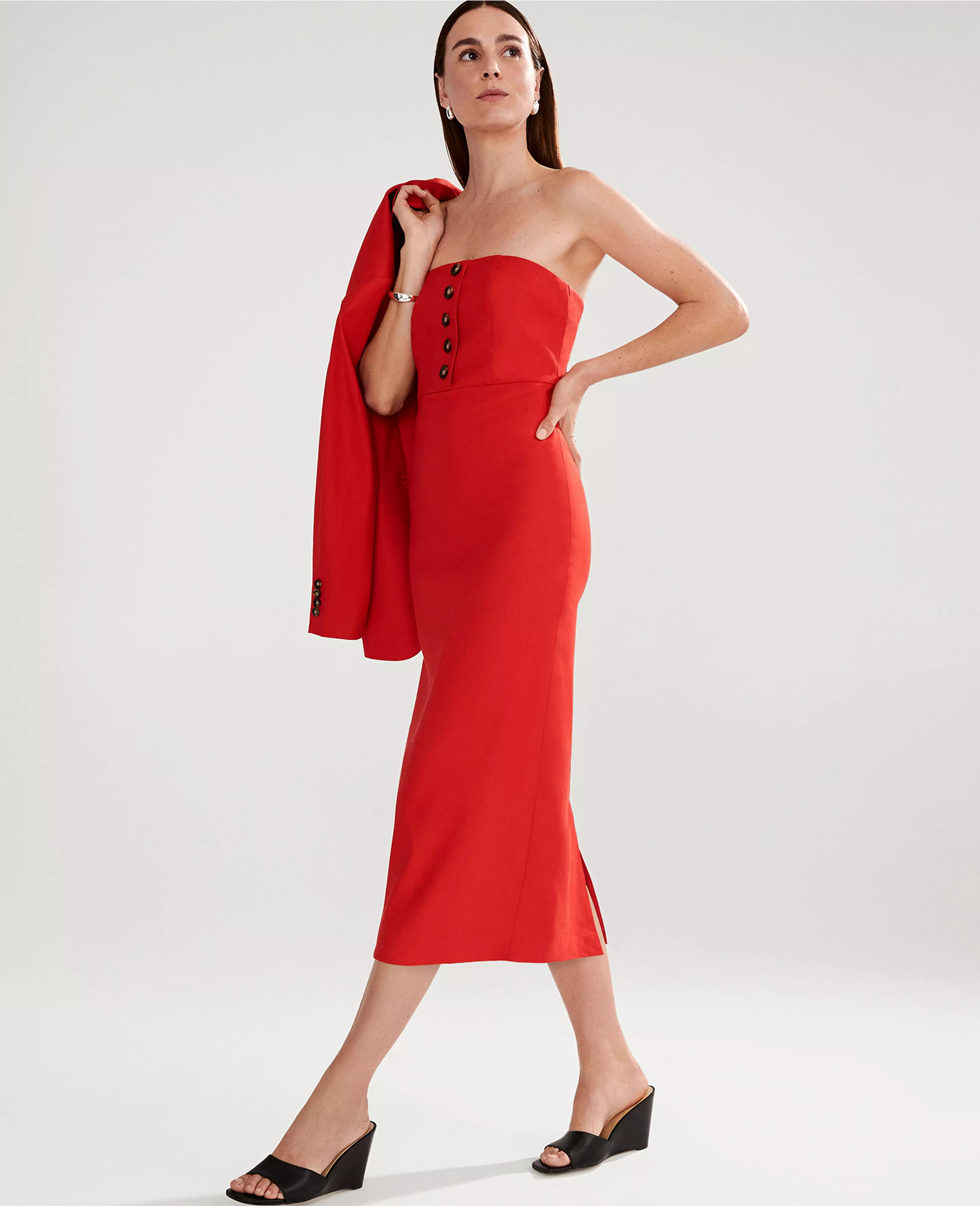 The Buttoned Strapless Dress in Linen Twill | Ann Taylor